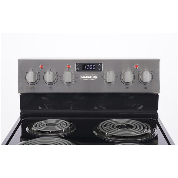 Marathon MER241SS electric range with four coil burners, spacious oven, and modern stainless steel design.