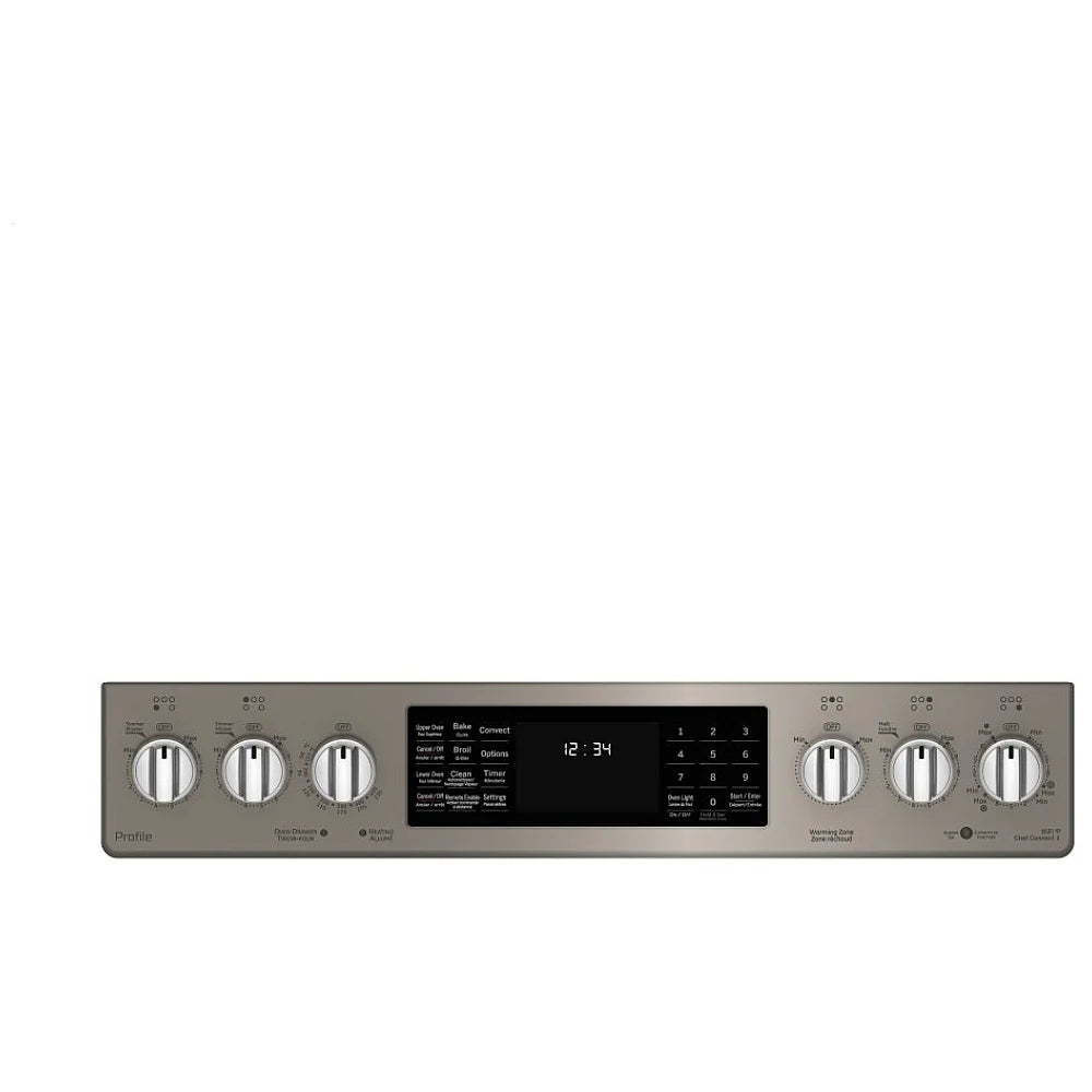 Close-up of the control panel on the GE 30" slide-in electric range in slate, showcasing the front-facing knobs and sleek digital display for easy oven operation.