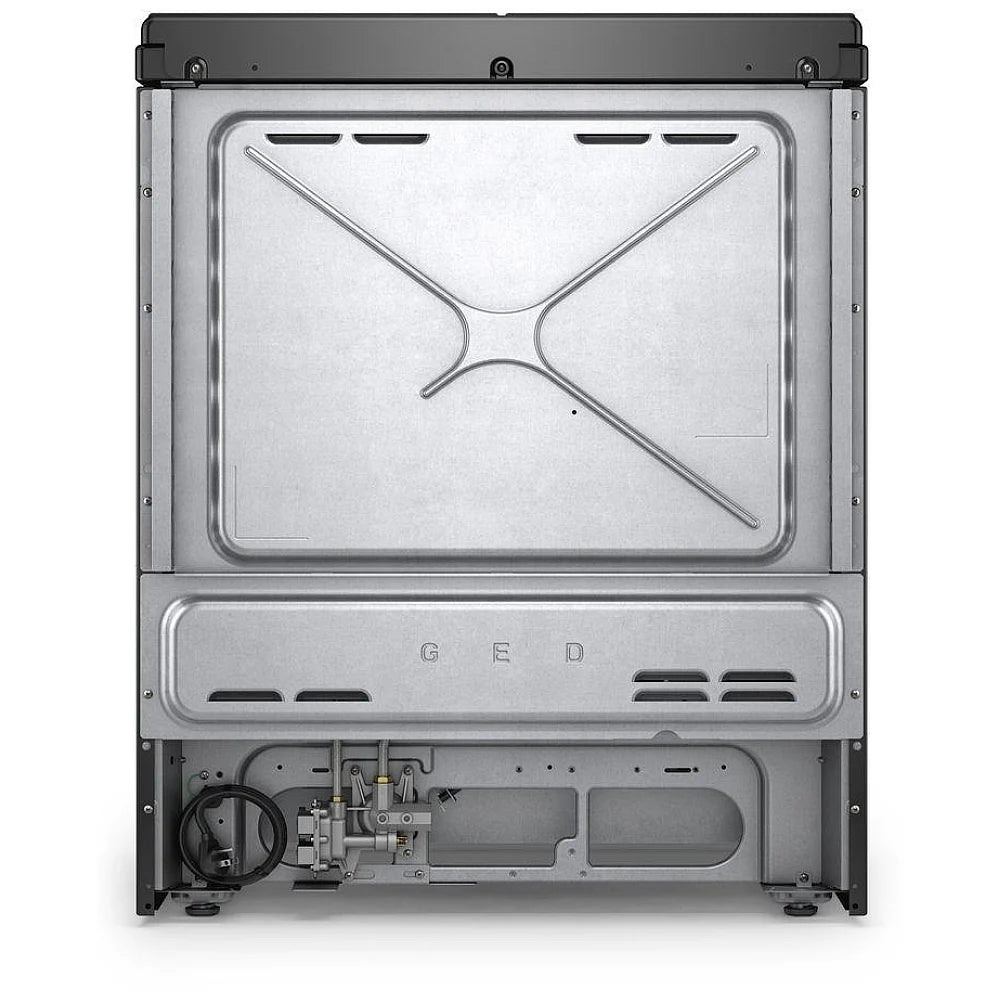 View of the back of the gas slide-in range, showcasing the rear panel and venting system, designed for efficient heat distribution and safety.