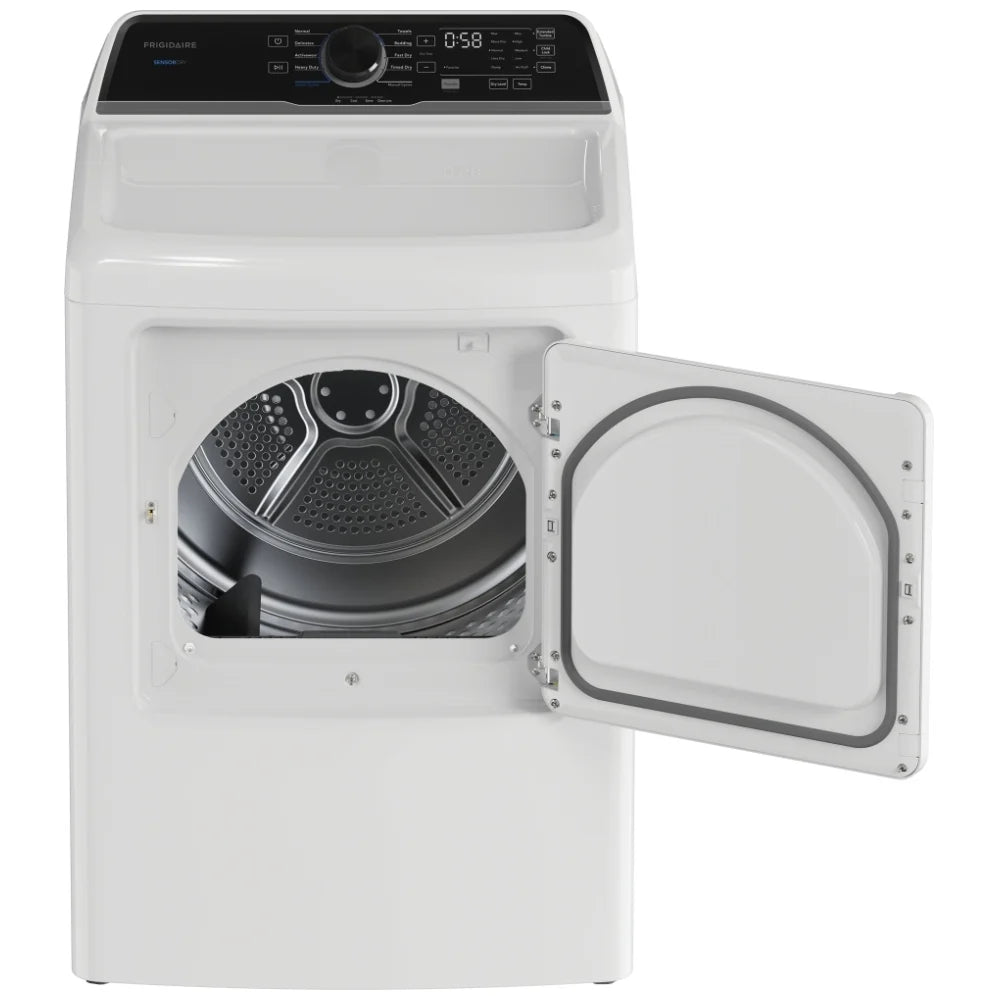 Frigidaire front-load dryer – door open showing drum capacity