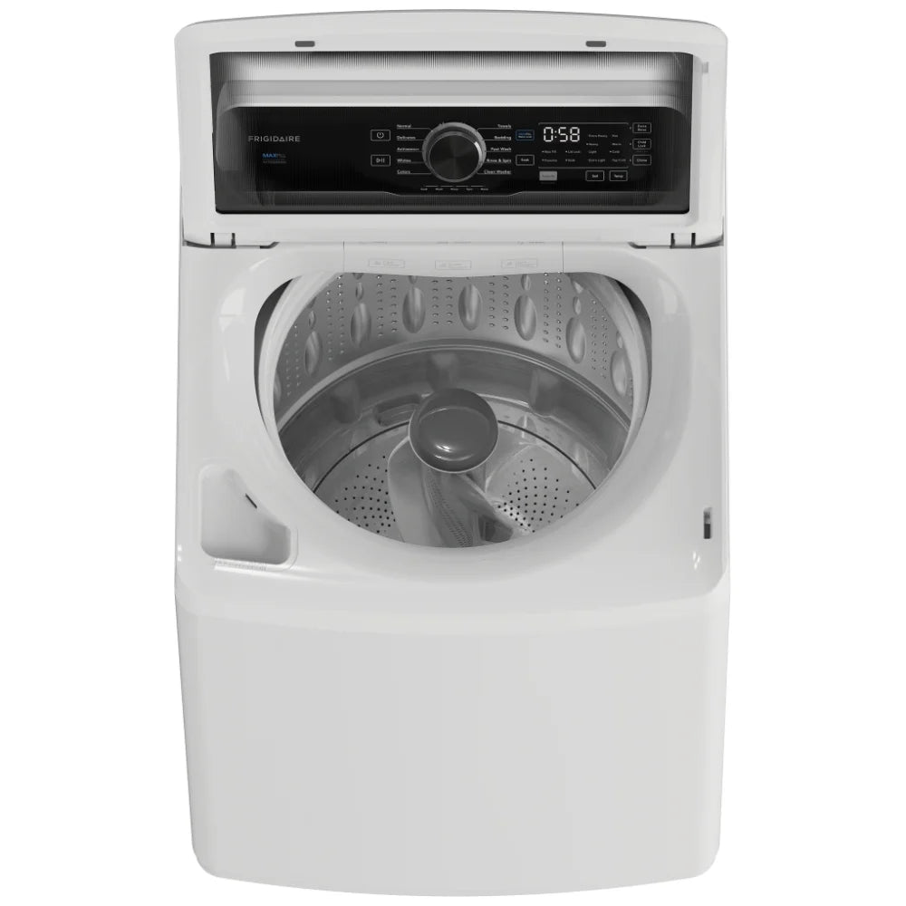 Frigidaire 4.4 cu. ft. top load washer lid open showing stainless steel drum