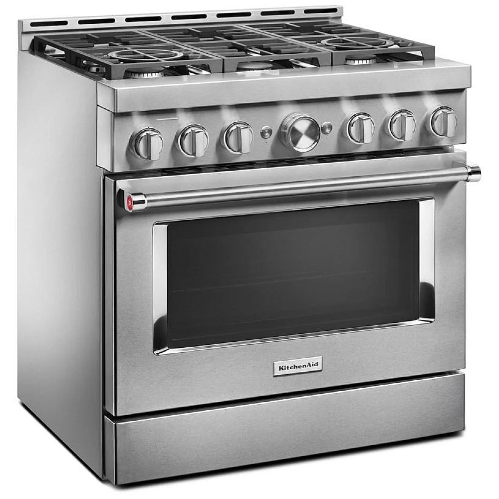 Gas cooktop with six sealed burners, including two dual-stacked burners for precise control, on a black porcelain-coated steel surface. Grates are dishwasher safe and feature a matte finish.