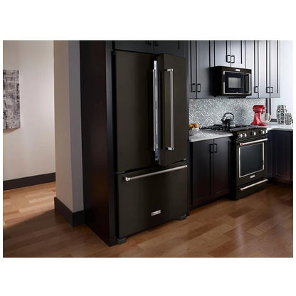 Modern kitchen with KitchenAid KSGG700EBS 30-inch gas slide-in range featuring 5 burners and convection oven, seamlessly integrated into the countertop