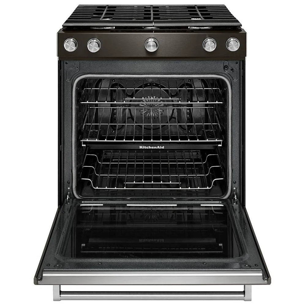 Interior of KitchenAid KSGG700EBS oven with three racks and convection system