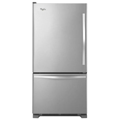 Whirlpool WRB329LFBM 30-inch bottom freezer refrigerator in stainless steel – front view