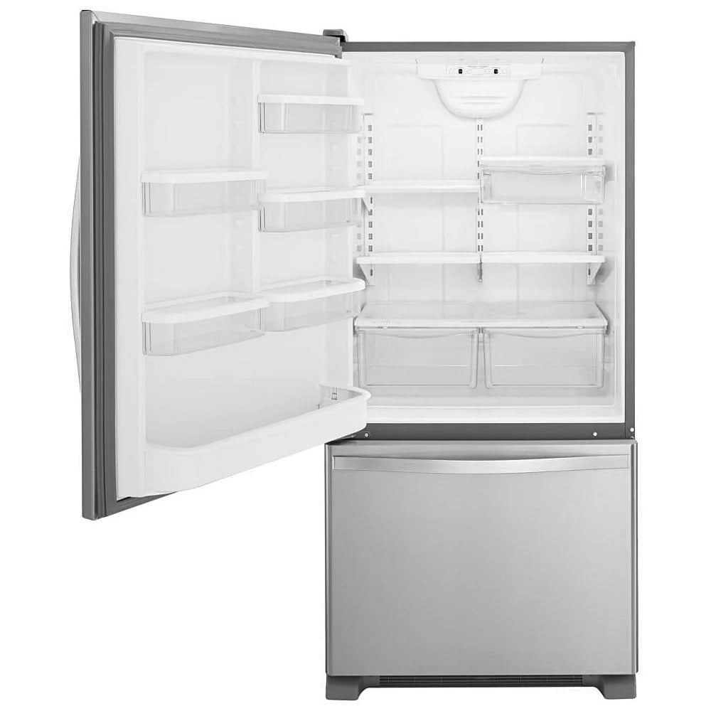 Whirlpool WRB329LFBM stainless steel bottom freezer with smooth-glide drawer open