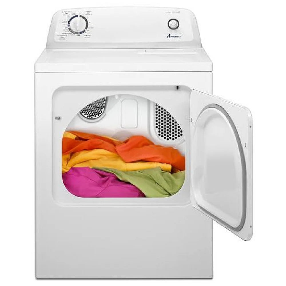 Interior drum of Amana YNED4655EW used dryer showing 6.5 cu. ft. capacity
