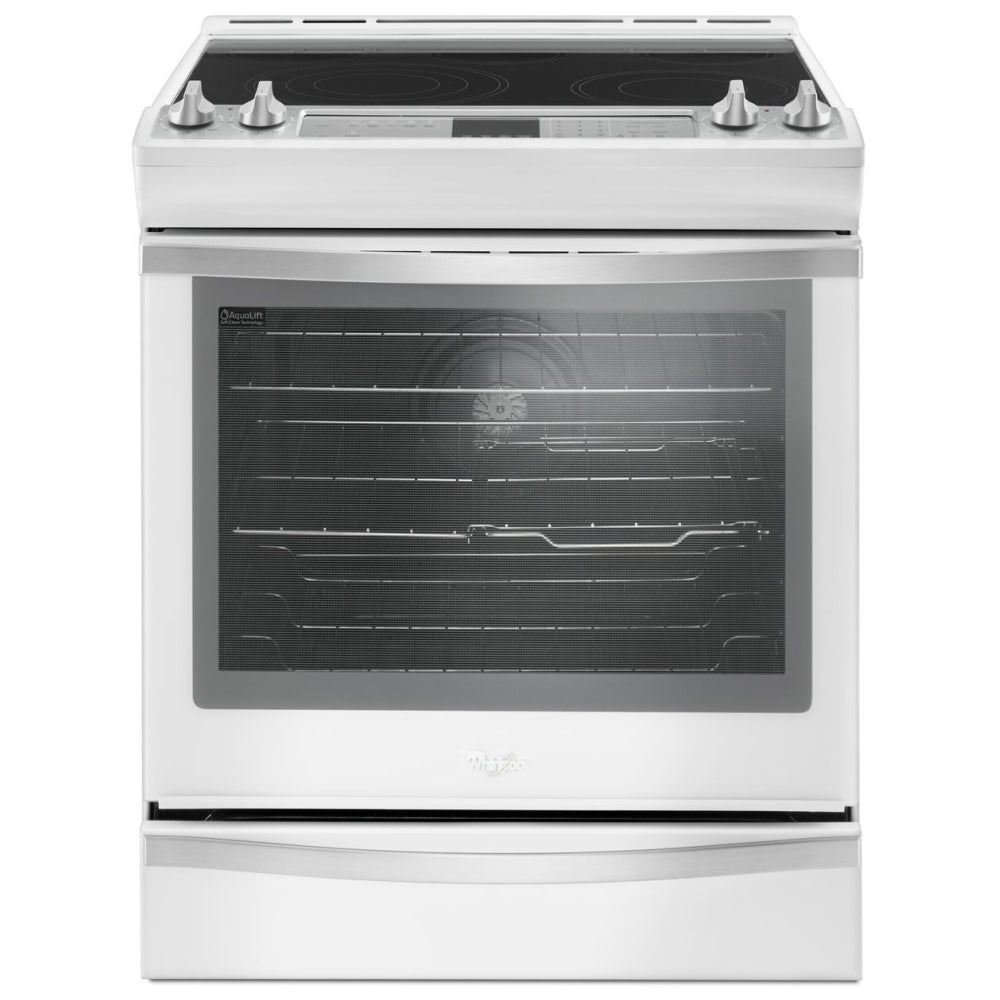 Front view of the Whirlpool 30-inch slide-in electric range, showcasing the sleek white metal-and-glass door, towel bar handle, and ceramic glass cooktop with five radiant elements.