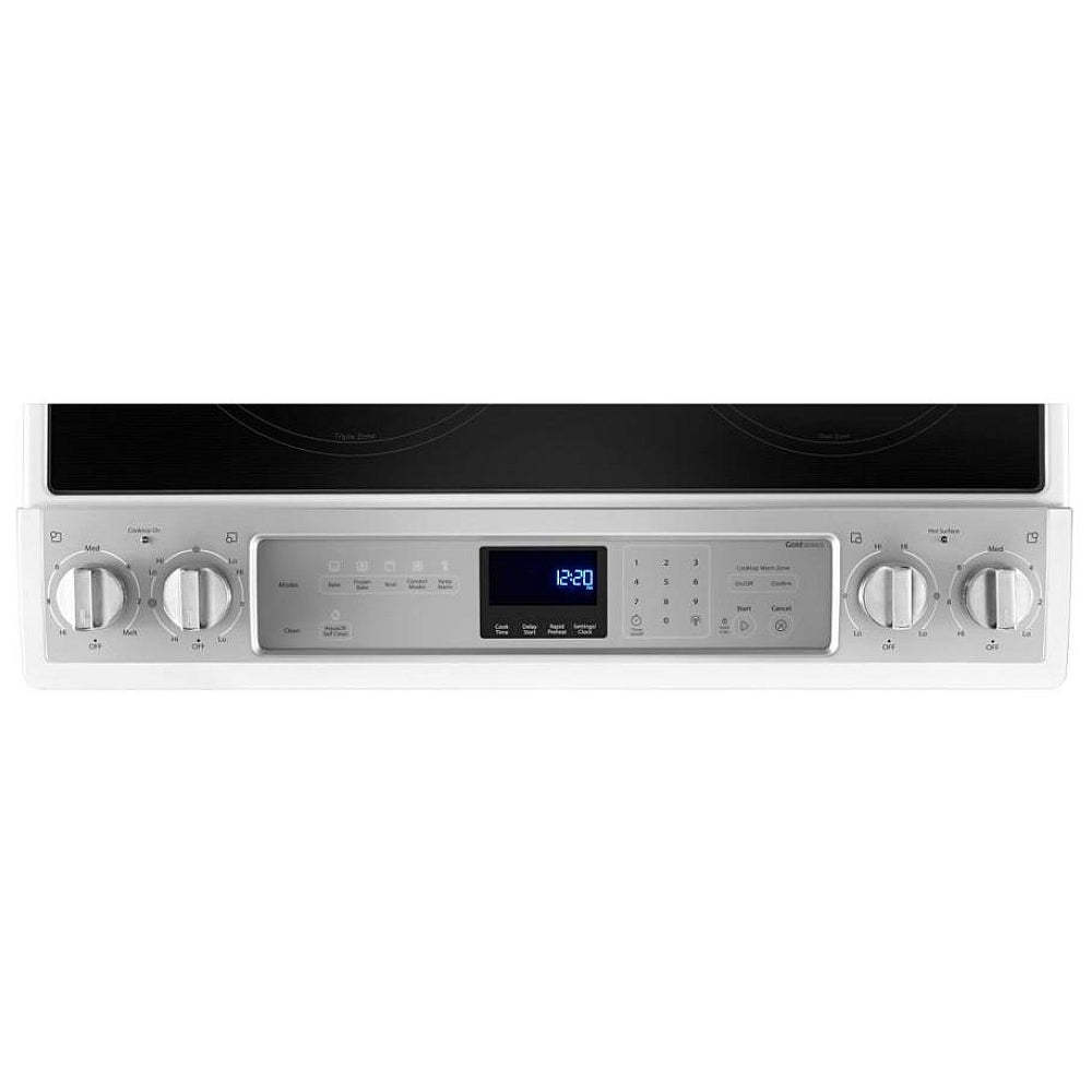 Whirlpool 30-inch slide-in electric range control panel, featuring sleek metal knobs and an easy-to-use interface for precise temperature control and cooking settings.