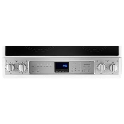 Whirlpool 30-inch slide-in electric range control panel, featuring sleek metal knobs and an easy-to-use interface for precise temperature control and cooking settings.
