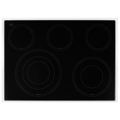 Close-up view of the radiant ceramic glass cooktop with five burners, including a triple and melt burner.