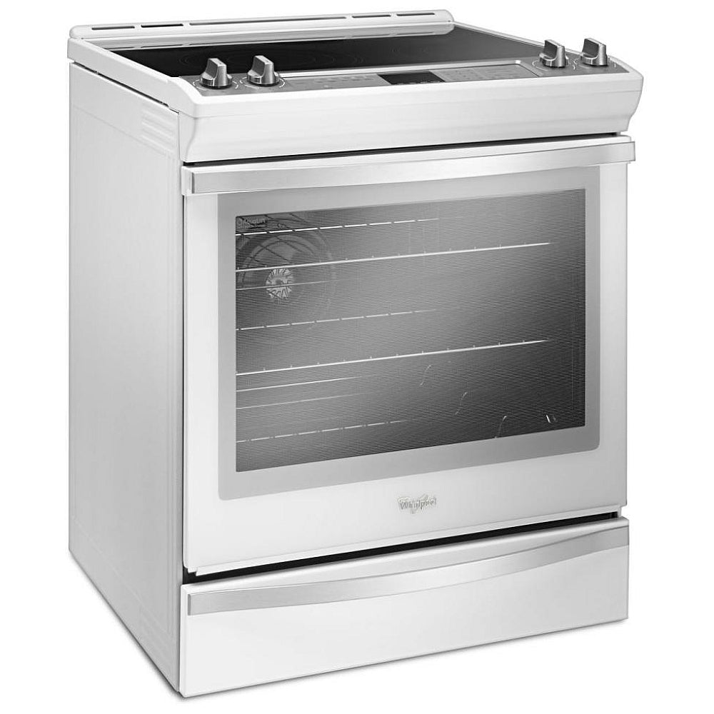 Side view of the Whirlpool 30-inch slide-in electric range with sleek, modern design.