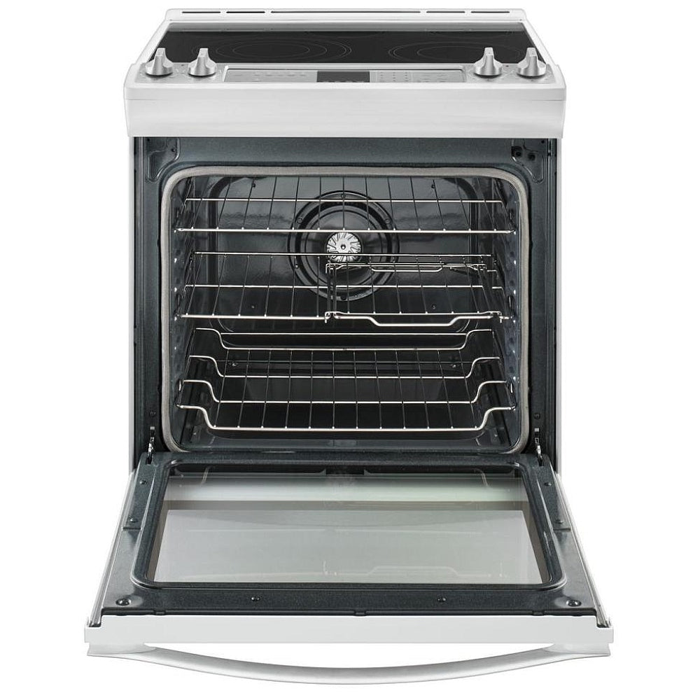Whirlpool 30-inch slide-in electric range with oven door open, showcasing the spacious 6.4 cu. ft. convection oven.