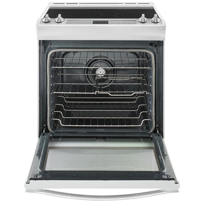 Whirlpool 30-inch slide-in electric range with oven door open, showcasing the spacious 6.4 cu. ft. convection oven.