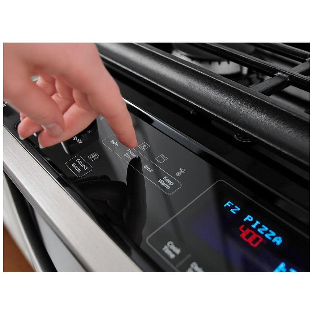 Whirlpool 30-inch electric range control panel with metal knobs for easy cooking adjustments.